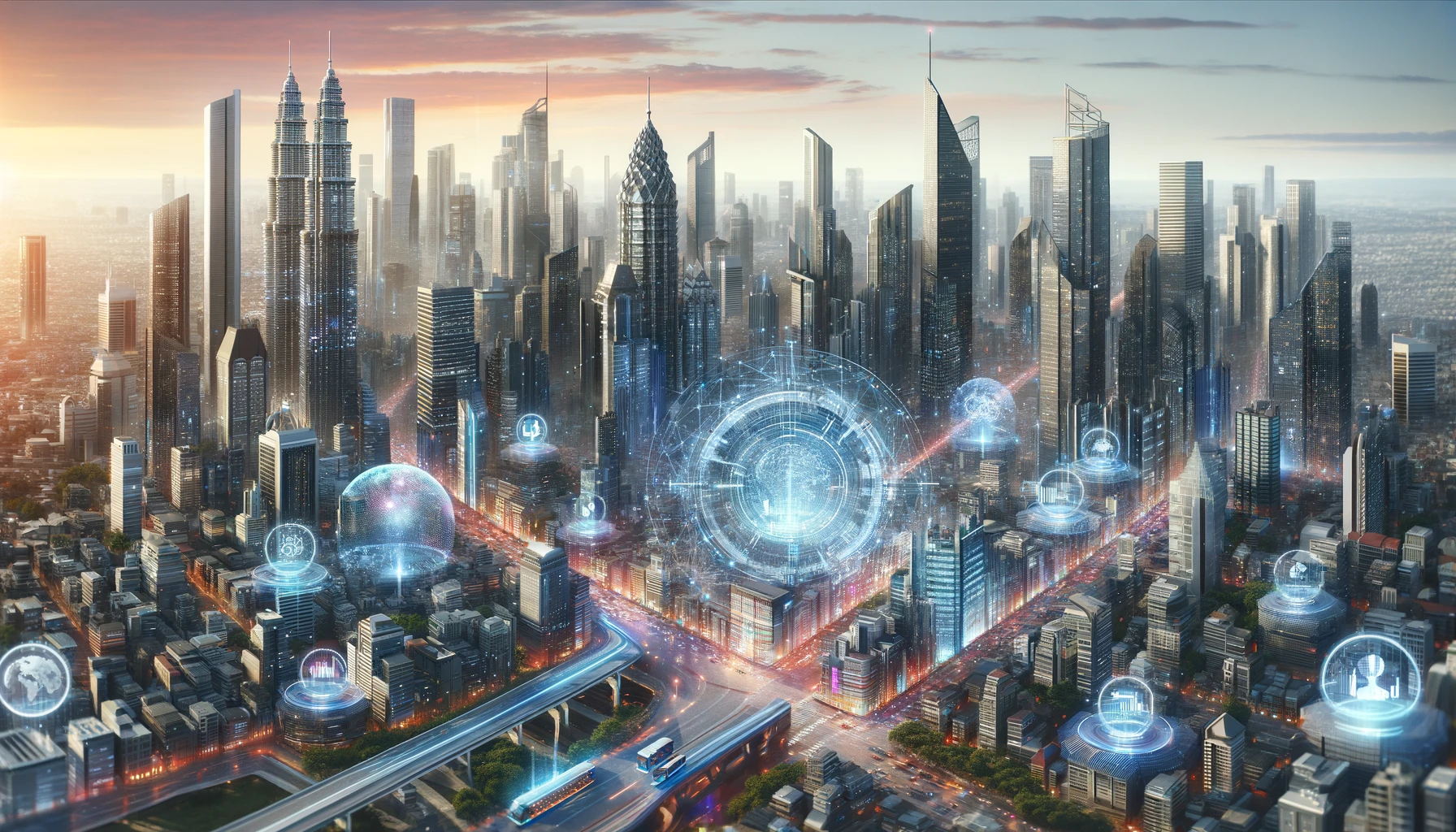 depictions of AI over a city landscape